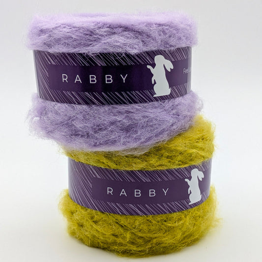Flauschiges Garn Estelle mit Mohair in Hellgrün und Lila für Nadelstärke 4,5–5,5 mm – RABBY